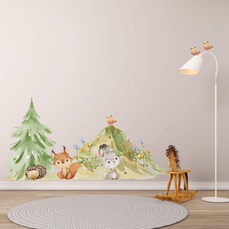 Naklejka ścienna „Leśny świat”, dekoracja pokoju dziecięcego z leśnymi zwierzętami, łatwa w aplikacji rabbit set