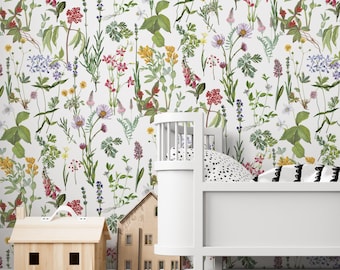 Girls bedroom wildflower wallpaper, floral mural peel and stick