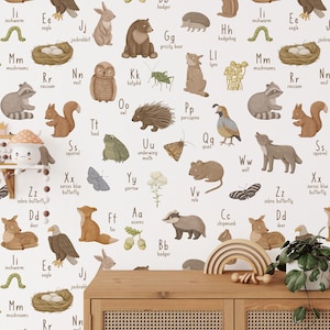 Carta da parati con alfabeto del bosco, murale educativo ABC, lettere di animali staccabili e attaccabili per la cameretta dei bambini
