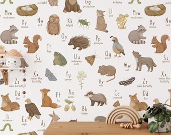 Woodland Alphabet Wallpaper: Educational Animal ABC Peel and Stick Wall Mural