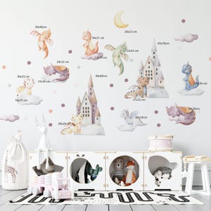 Dreamy baby dragon decals in soft pastel watercolor with adorable dragons, crescent moon and fairytale castles – beautiful dragon wall art perfect for baby dragon nursery.