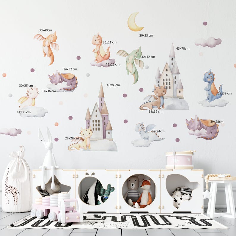 Dreamy baby dragon decals in soft pastel watercolor with adorable dragons, crescent moon and fairytale castles – beautiful dragon wall art perfect for baby dragon nursery.