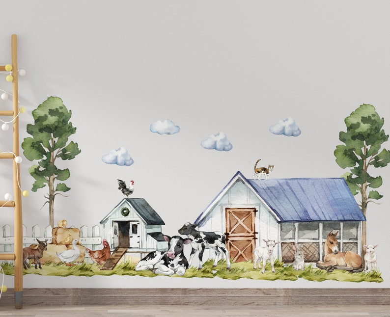 farm animal nursery decor with animals decal showing calf and chickens near fence