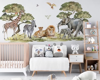 stickers muraux safari, sticker mural safari, sticker mural jungle, décor de chambre d'enfant safari, sticker mural girafe, stickers zèbre, sticker lion lion