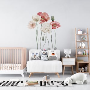 Poppy Wall Decals | Red Flower Wall Stickers | Botanical Wall Art for Nursery Bedroom Living Room | Removable Floral Wall Decor