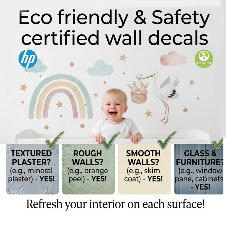 A smiling baby is shown in front of a wall decal featuring a stork, rainbow, and clouds. The wall decal is described as eco-friendly and certified, with options for textured plaster, rough walls, smooth walls, and glass and furniture.