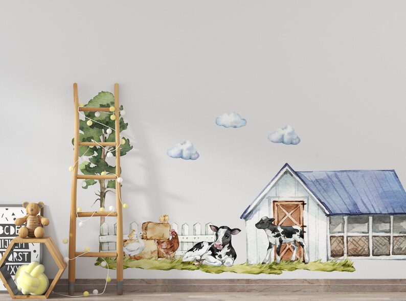 nursery wall decal with farm animal barn and gentle baby farm animals