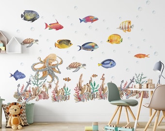 ocean wall decal, under the sea wall decal,  sea animals wall sticker, Sticker Set octopus, sea Turtle decal, Watercolor Peel and stick