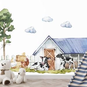 farm wall decals with baby farm animals resting beside wooden farm animal barn
