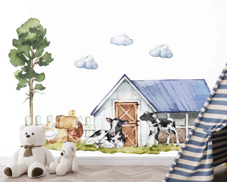 farm wall decals with baby farm animals resting beside wooden farm animal barn