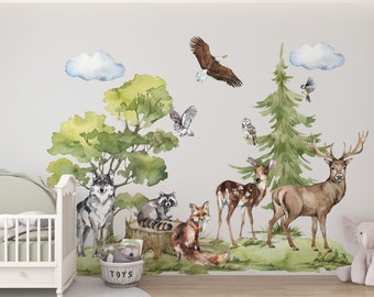 forest wall decal, woodland wall decal, woodland wall stickers, forest animals wall decals peel and stick