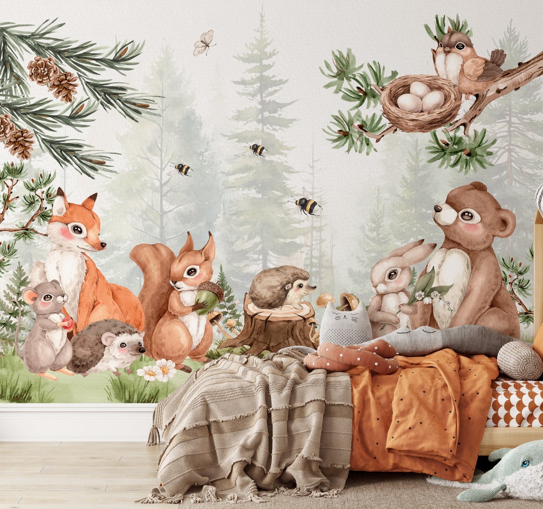 Nursery Wallpaper With Forest Animals Peel and Stick, Woodland ...
