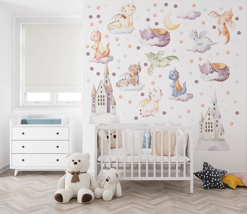Adorable cute baby dragon wall decal featuring colorful pastel watercolor fairy tale dragons on fluffy clouds with magical castles and crescent moon – perfect dragon nursery and baby dragon nursery decor.