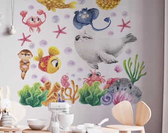 Vinilos decorativos de animales marinos para pared – Pegatinas de pared con temática submarina para la habitación infantil – Decoración de pared con criaturas marinas para la habitación de los niños