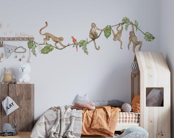 safari wall decal big set, jungle wall stickers, savanna wall art kids, monkey wall decal, parrot nursery decor