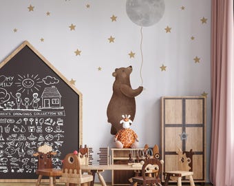 nursery wall decals with bear and moon 50 stars, animals wall stickers