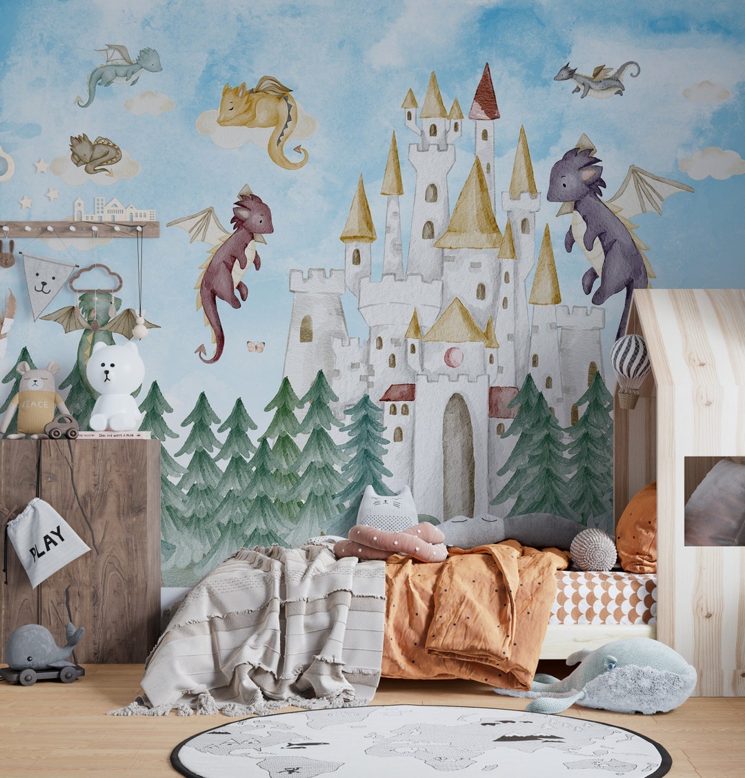 Dragon Sticker Mural, Dragon Castle Wall Mural, Nursery Wallpaper ...