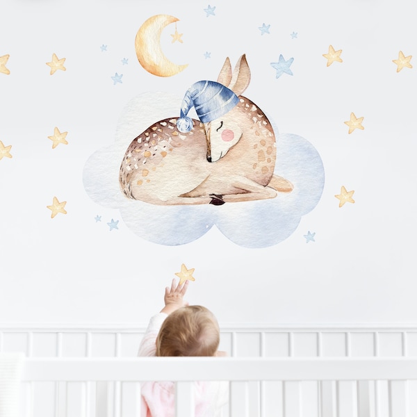 sleeping animals on clouds wall decals, cute nursery wall decals peel and stick PVC free material safe for children
