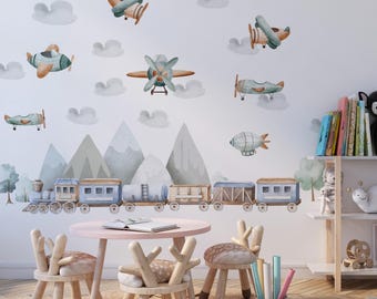 Sticker mural train pour enfants | Sticker mural montagnes et avions | Décoration chambre garçon | Décoration murale chambre bébé | Stickers thème aventure