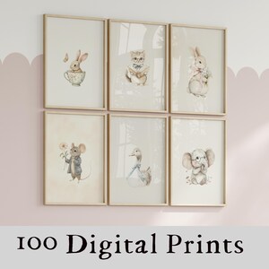 100 impresiones digitales vintage, decoración retro para habitación de bebé, arte digital de pared para guardería, descarga instantánea / antigüedad