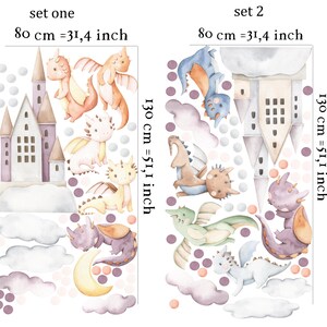 Whimsical dragon sticker and nursery wall decal collection showing playful cute dragon decal baby dragons resting on clouds with castles – charming watercolor nursery decal for dragon nursery.