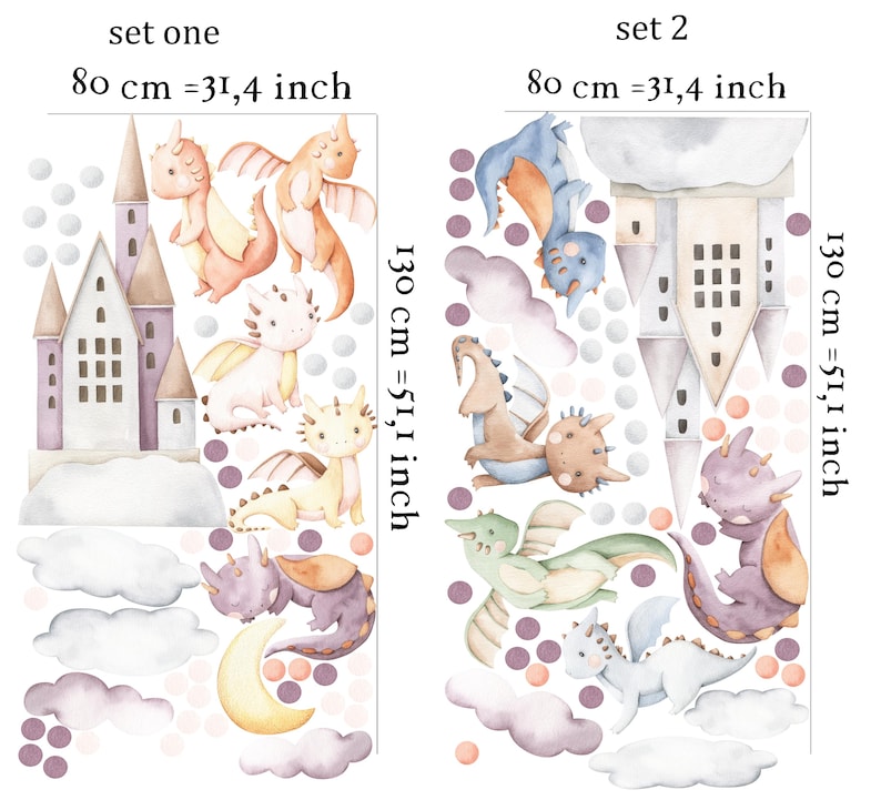 Whimsical dragon sticker and nursery wall decal collection showing playful cute dragon decal baby dragons resting on clouds with castles – charming watercolor nursery decal for dragon nursery.