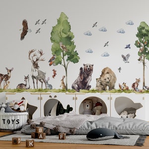 forest animals wall decals peel and stick for nursery room, woodland wall decals, forest decal, fox decal,,  tree wall decal,