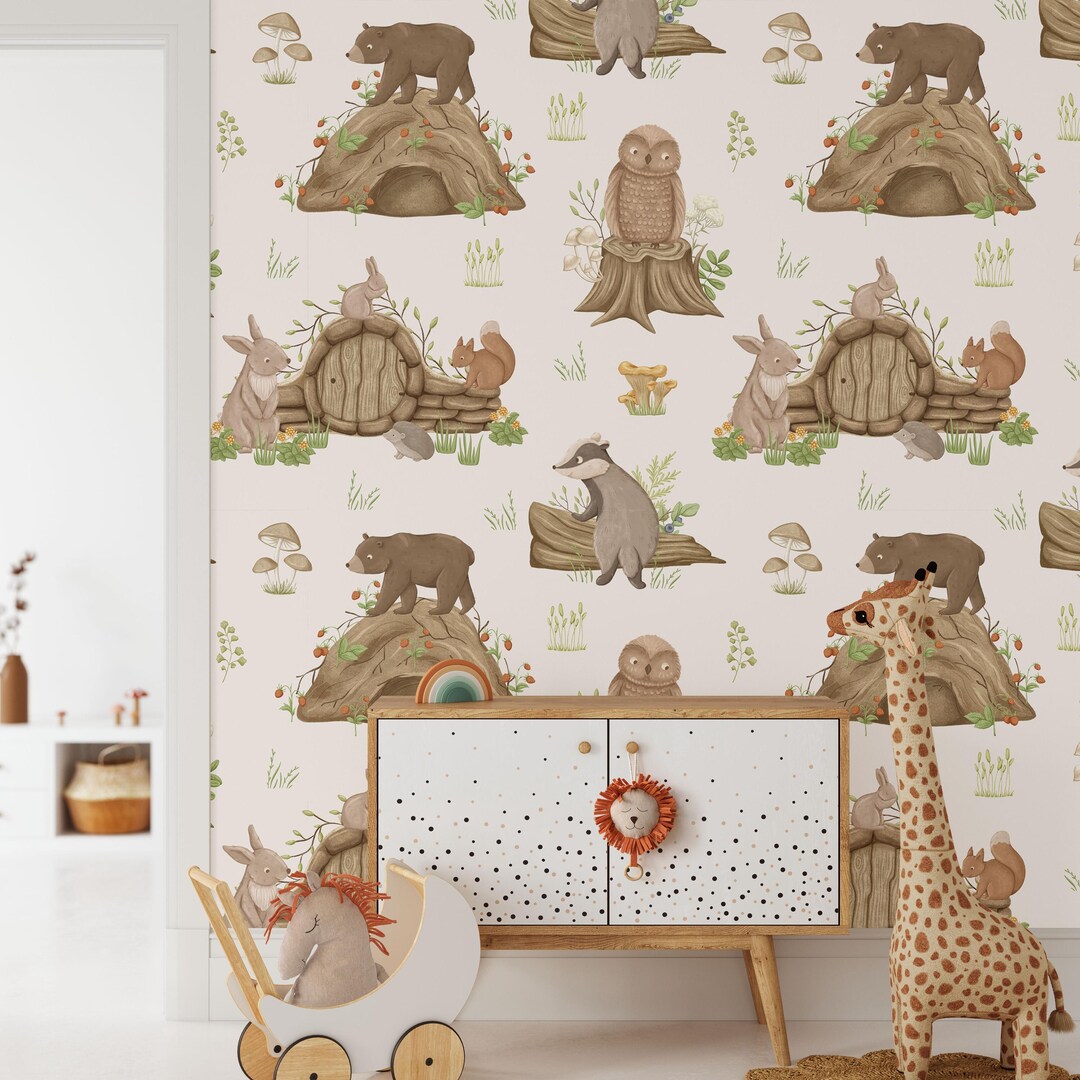 Woodland Nursery Wallpaper: Peel and Stick Forest Animals - Etsy