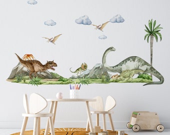 grande set di decalcomanie da muro di dinosauri, diplodocus nella stanza del ragazzo, adesivi di dinosauri, arte da parete di dinosauri, adesivi da parete per bambini, decorazione di dinosauri,