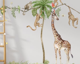 Arredamento per la cameretta dei bambini, Safari Wall Decal Big Set, decalcomania della parete della savana per bambini, arredamento della cameretta dei safari, decalcomania della parete della giraffa, adesivi con elefanti