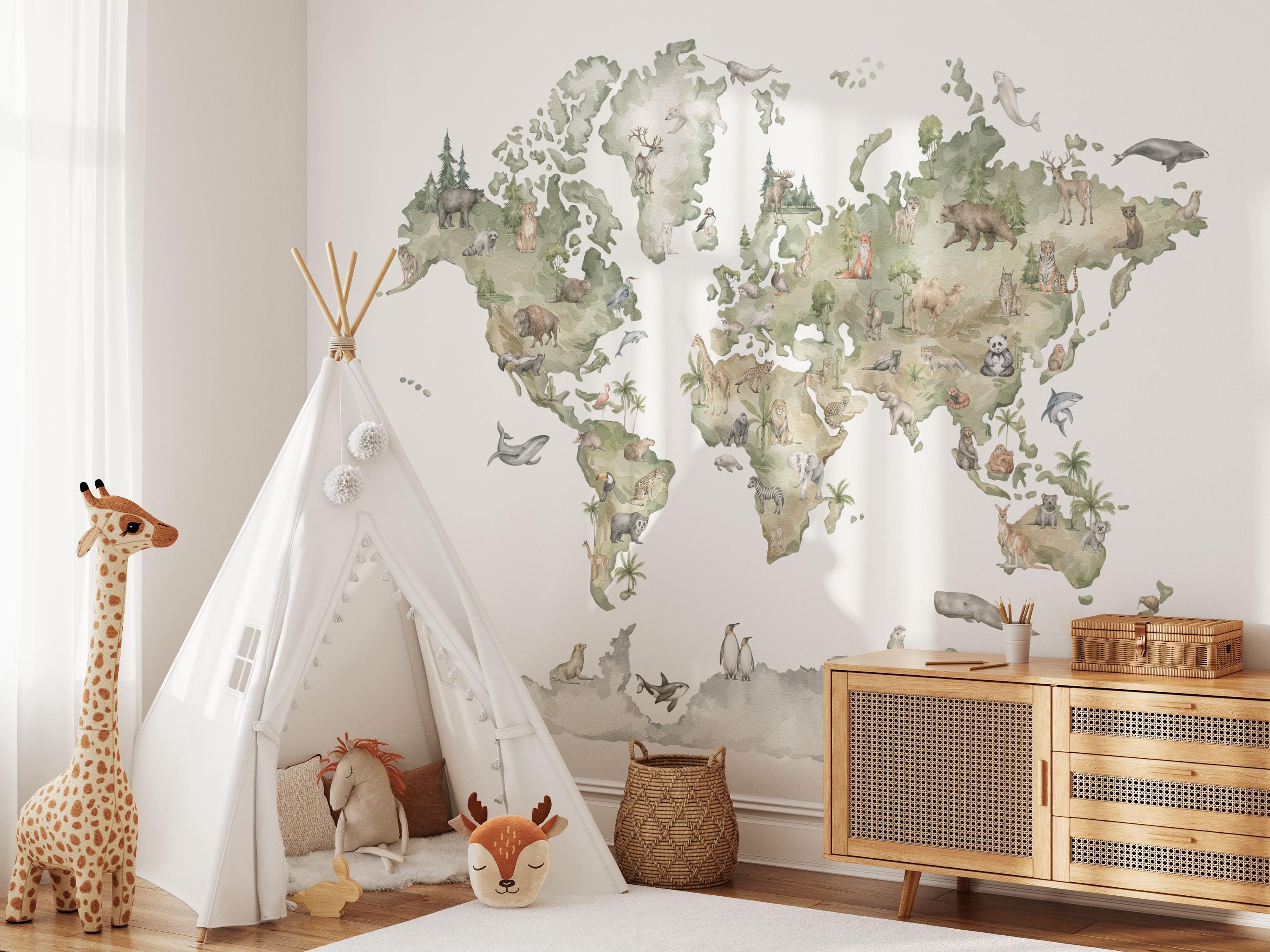 WORLD MAP Wall Decal for Kids, World Map Wall Decal, Wall Decal Animals ...