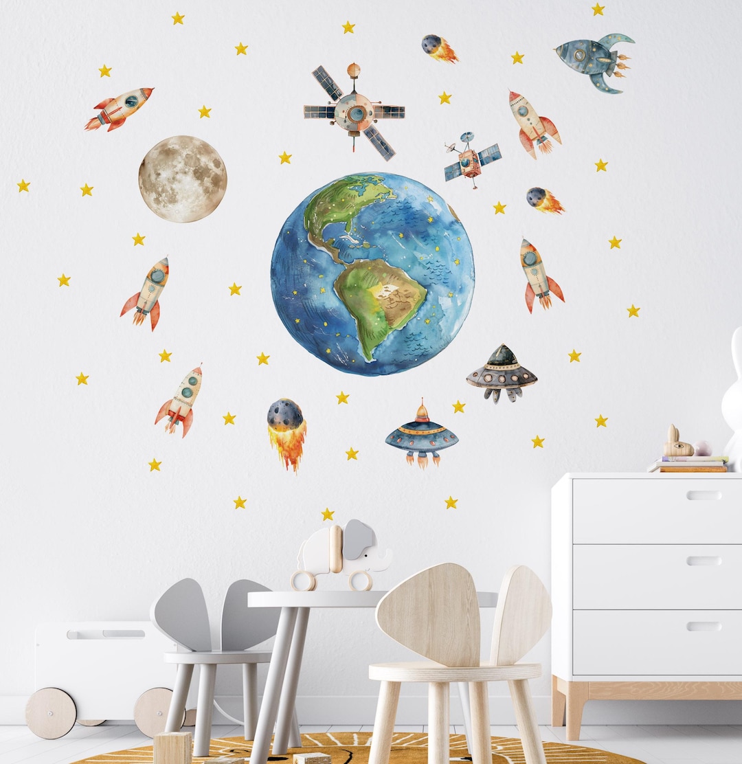 Space Wall Decals for Kids Room, Rocket Ship and Planet Stickers ...
