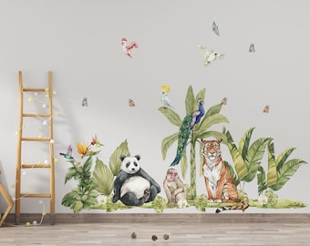 Calcomanía de pared de jungla, calcomanía de tigre, calcomanía de panda, calcomanía de mono, calcomanía de guardería de jungla, calcomanías de pared de jungla, pegatinas de pared de jungla