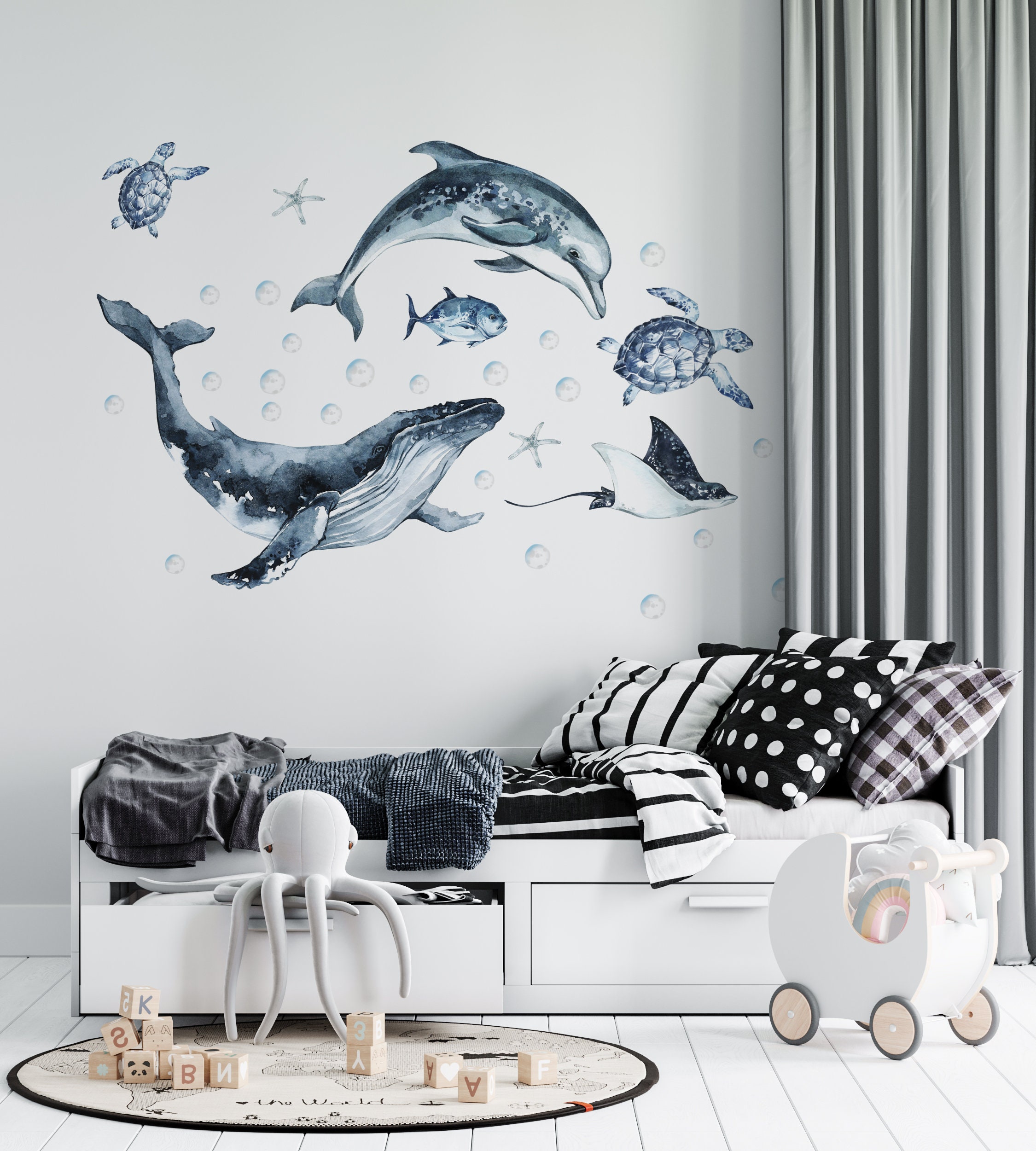 Under the Sea Nursery Wall Decals - Watercolor Ocean Animals With Whale ...