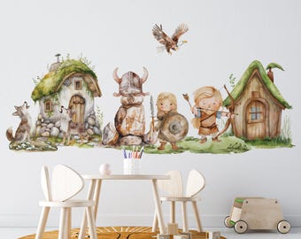 Viking Wall Decals for Boys Nursery, Watercolor Viking Village Stickers, Kids Wall Art