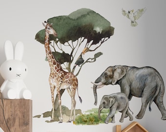 Väggdekorationer till safaribarnrum: Djungeldjur, giraff och elefant