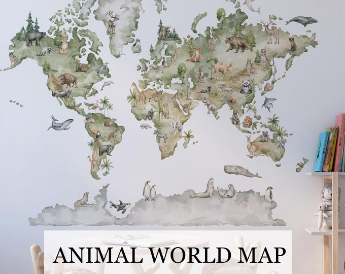 WORLD MAP Wall decal for kids, world map wall decal,  wall decal animals, world map decals, animal wall stickers, boy nursery decor