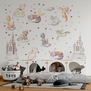 Magical watercolor nursery decal set with playful cute baby dragon wall decal dragons, fairytale castles and soft clouds – ideal dragon sticker and nursery decor for baby dragon nursery.