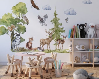 forest wall decal, woodland wall decal, woodland wall stickers, forest animals wall decals peel and stick