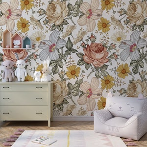 floral wallpaper, boho wallpaper, removable wallpaper, peel stick wallpaper,