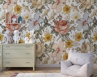 Peony Rose Floral Wallpaper: Retro Boho Peel and Stick