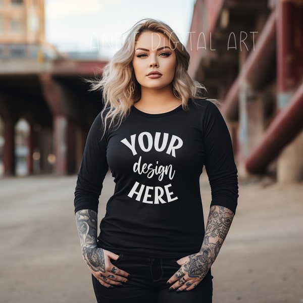 Bella Canvas 3501 Woman Long Sleeve T-Shirt Mockup, Black Woman Long Sleeve Shirt Mockup, Tattoo Model Mockup, Long Sleeve Shirt 3501 Mockup