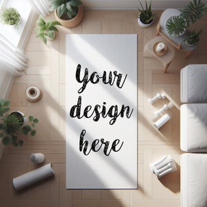 May include: White yoga mat with the text "your design here" in black calligraphy. The mat is on a wooden floor with plants, a white couch, and exercise equipment.