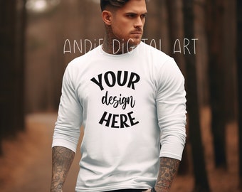 Bella Canvas 3501 Mockup de camiseta de manga longa masculina, mockup de camiseta preta, mockup de modelo de tatuagem masculina, mockup de camisa longa, mockup de outono masculino