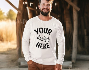 Mockup de camiseta masculina de manga comprida Bella Canvas 3501 estilo boho, mockup de camiseta branca masculina, mockup masculino estilo boho, mockup orgânico