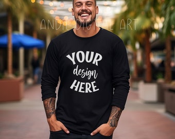 Mockup de camiseta masculina de manga comprida Bella Canvas 3501, mockup de camiseta preta, mockup de modelo tatuado masculino, mockup de camisa comprida, mockup masculino para o outono.