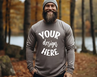 Mockup de camiseta masculina de manga comprida Bella Canvas 3501 na cor Deep Heather, ideal para o outono e inverno, com impressão sob demanda e para uso externo. Download instantâneo.