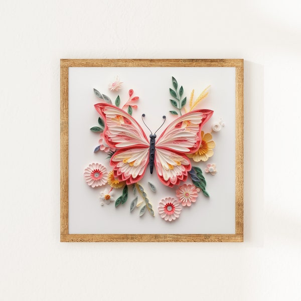 Pink Butterfly Print, Butterfly Wall Art, Whimsical Prints, Children's Wall Art, Paper Quilling, Quilled Paper Butterfly *Digital Download*