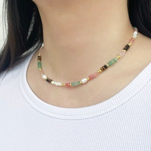 Colourful Natural Gemstones and Pearl Beaded Necklace