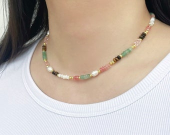 Colourful Natural Gemstones and Pearl Beaded Necklace